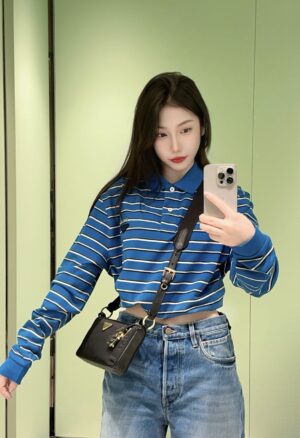 드로스트링 웨이스트 스트라이프 폴로 긴팔