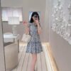 나비 프린트 스탠드 칼라 & 러플 드레스